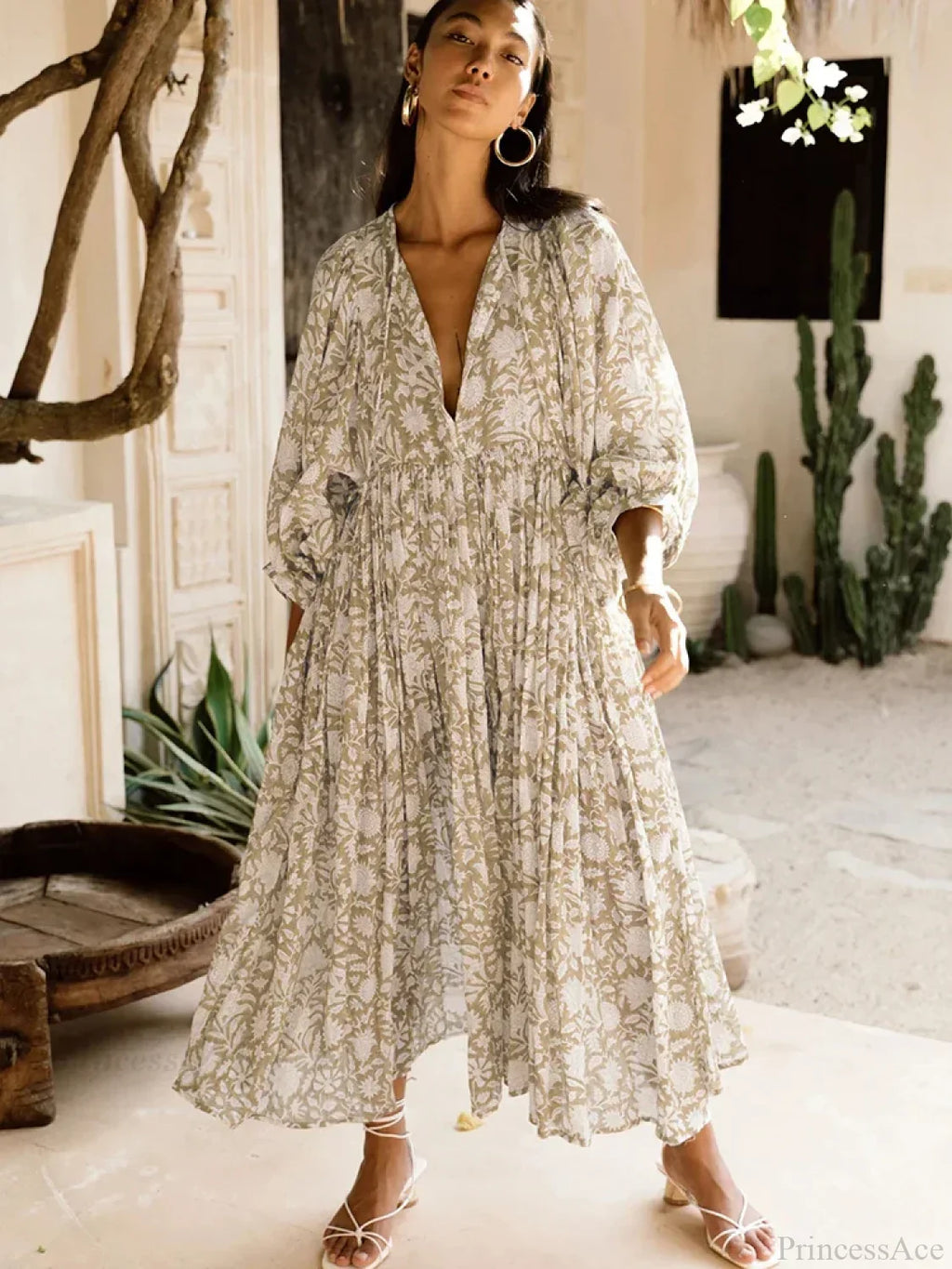 Fitshinling Boho Vintage Lantern Sleeve Dress