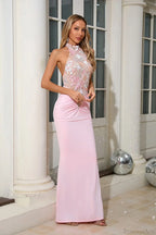 Fitted Embroidered Halter Sleeveless Evening Dress