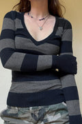 Fitted Striped V Neck Long Sleeve Knit Blouse