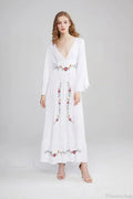 Flare Long Sleeve Deep V-neck Cotton Dress