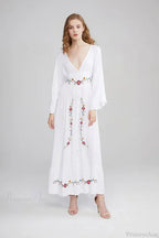 Flare Long Sleeve Deep V-neck Cotton Dress