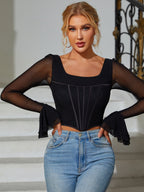 Boning Bell Sleeve Square Neck Mesh Corset Top