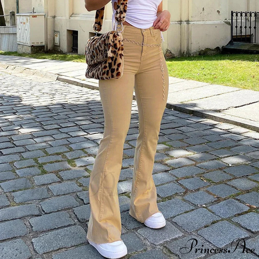 Flared High Black Jeans and in Waist Brown for Khaki Women