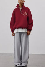Fleece-Lined Letter Embroidery Stand Collar Half-Zip Sweatshirt