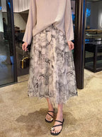 Flocking Flower Bird Tulle Gauze Elastic Waist Midi Skirt