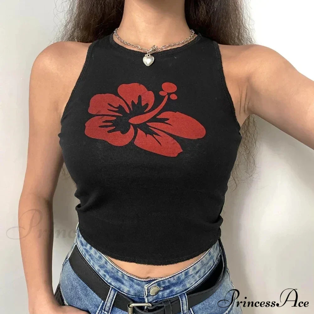 Floral Corset Vintage Sleeveless O Neck Crop Women Contrast Harajuku Cute Summer Sweats Tank top