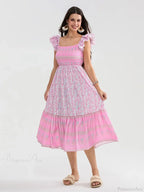 Floral Dot Print Shirred Square Neck Ruffled Flowing Beach Floral Dress