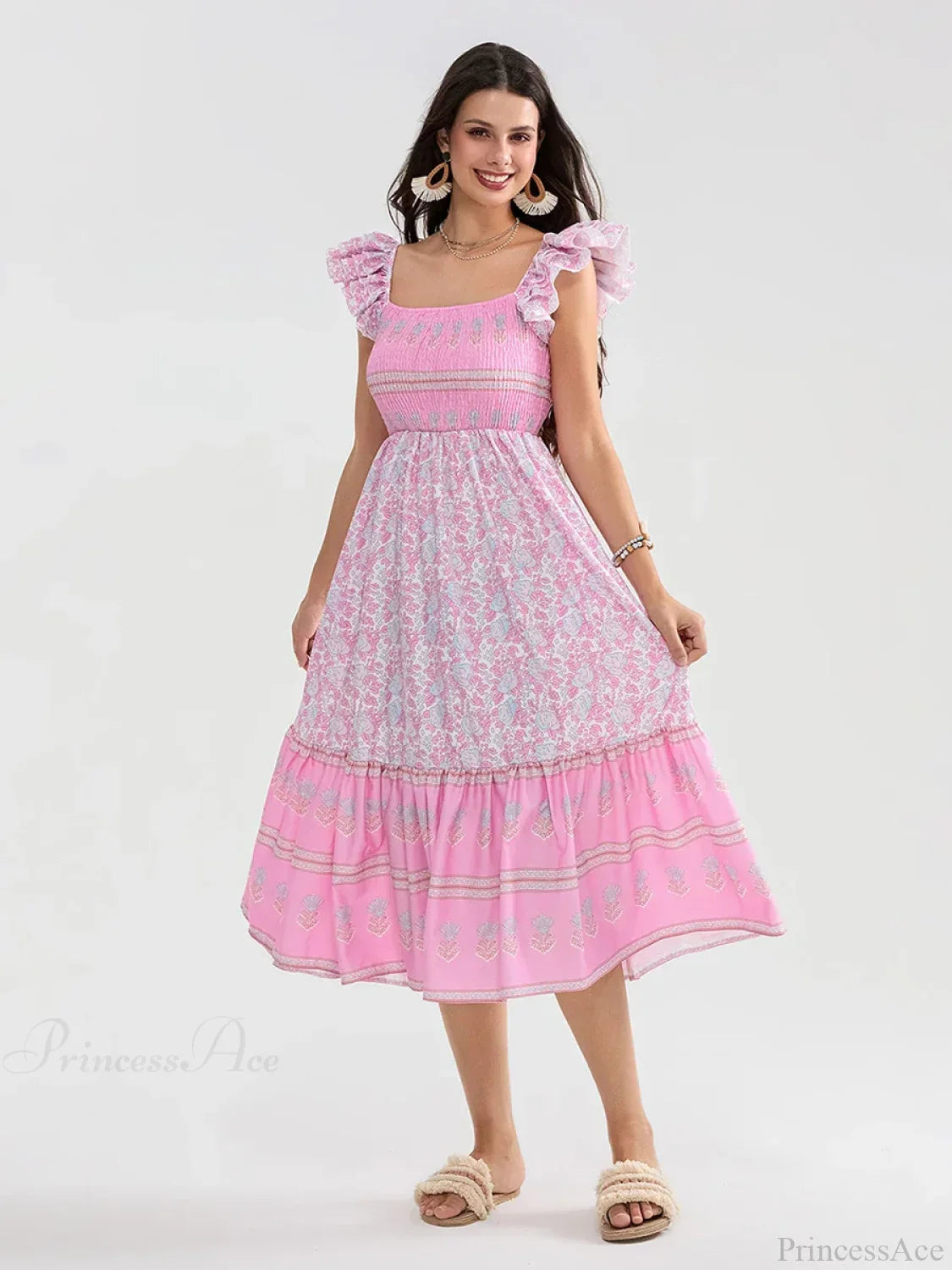 Floral Dot Print Shirred Square Neck Ruffled Flowing Beach Floral Dress