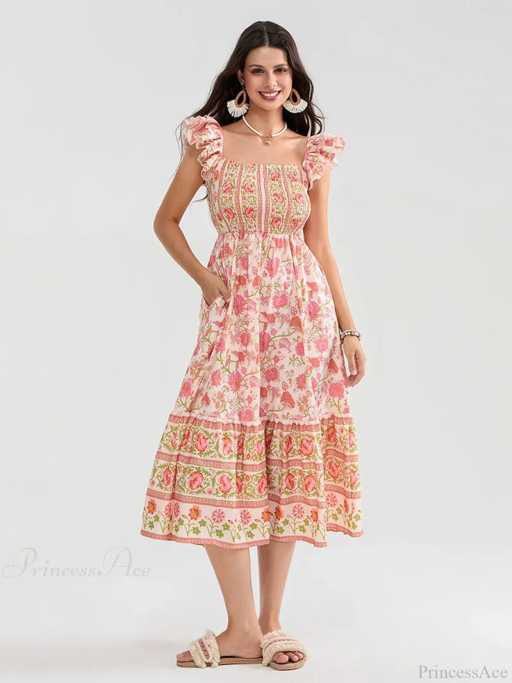Floral Dot Print Shirred Square Neck Ruffled Flowing Beach Floral Dress