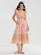 Floral Dot Print Shirred Square Neck Ruffled Flowing Beach Floral Dress