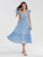 Floral Dot Print Shirred Square Neck Ruffled Flowing Beach Floral Dress