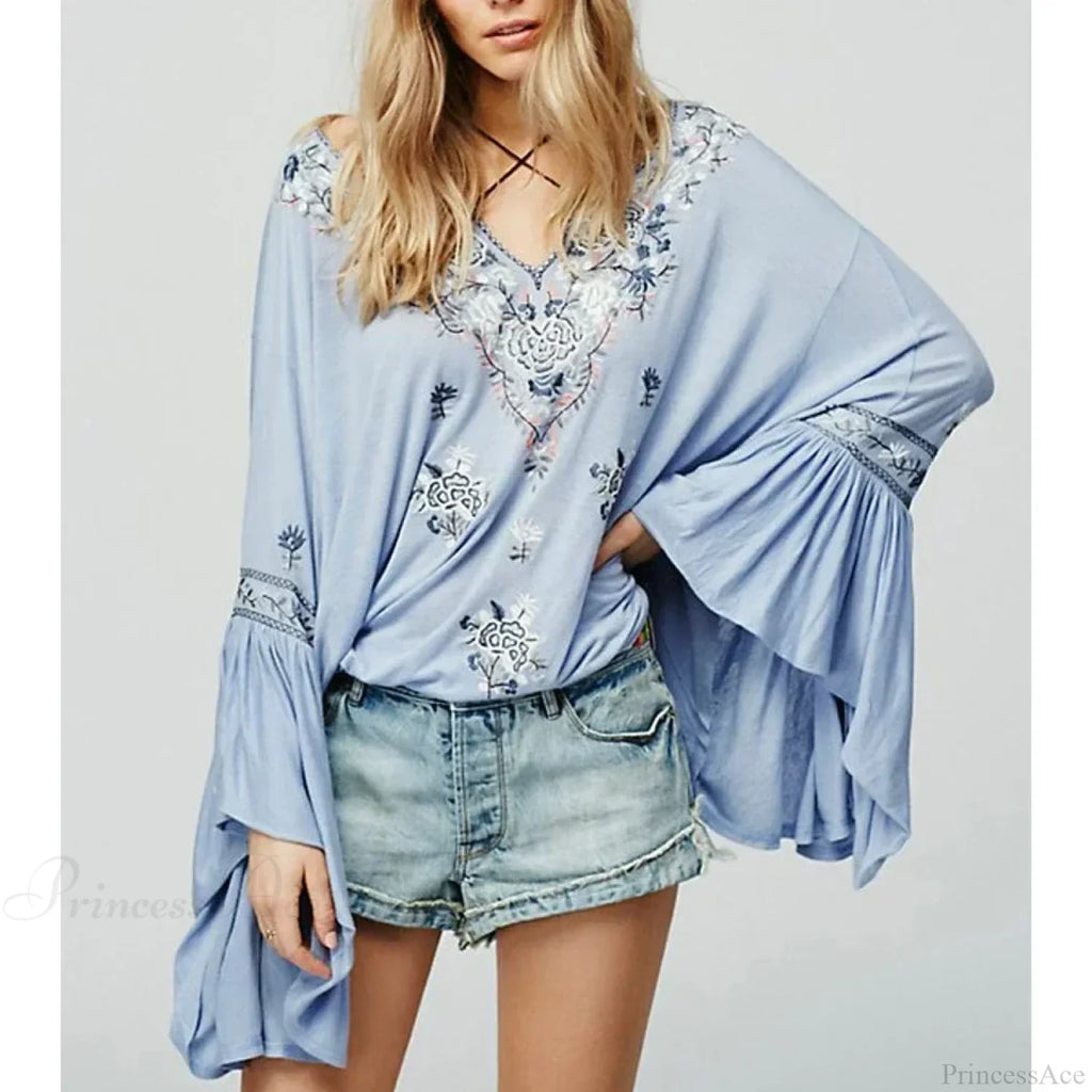 Floral Embroidered Flare Sleeve V-Neck Casual Boho Blouse