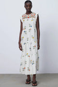 Floral Embroidered Ruffle Tiered Summer Midi Sundress - White
