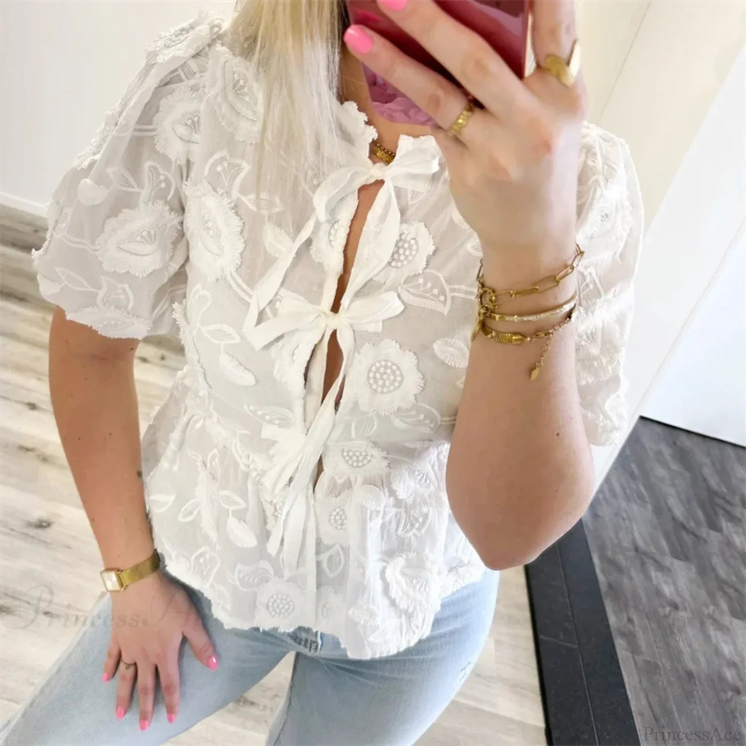 Floral Embroidery Puff Short Sleeve Blouse