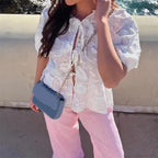 Floral Embroidery Puff Short Sleeve Blouse
