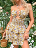Floral Halter Neck Lace-Up Mini Floral Dress