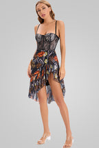 Floral Lace Corset Sleeveless Ruffle High Low Cocktail Dress - Black