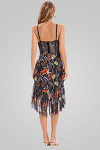 Floral Lace Corset Sleeveless Ruffle High Low Cocktail Dress - Black