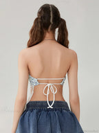 Floral Lace Mesh Sheer Strapless Backless Tie-up Tube Top