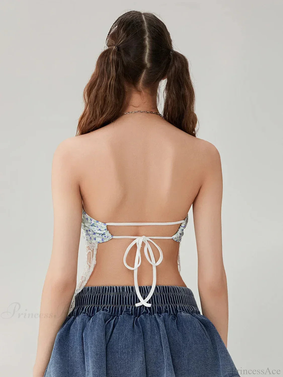 Floral Lace Mesh Sheer Strapless Backless Tie-up Tube Top