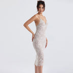 Floral Lace Ruched Trim Open Back Bodycon Slip Cocktail Midi Dress - White