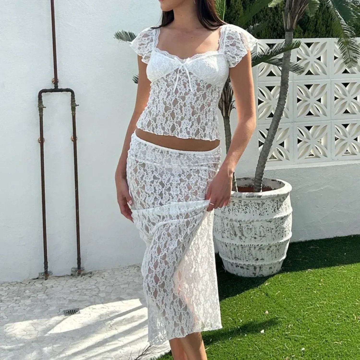 Floral Lace See-Through Short Sleeve Crop Top Long Skirt Two Pieces Set