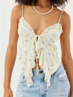 Floral Lace Trim Ruffle Split Strap Crop Top