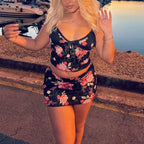 Floral Lace V Neck Spaghetti Strap Crop Top Mini Pencil Skirt Two Pieces Set