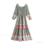 Floral Long Sleeve Belt Tassel Off Shoulder Boho Dress