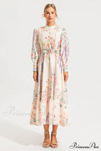 Floral Long Sleeve Charming Maxi Dress With Belt