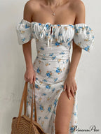Floral Midi Dress with Puffy Sleeves and Slit