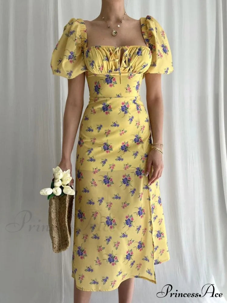 Floral Midi Dress with Puffy Sleeves and Slit