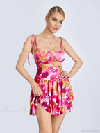 Floral Mini Dress Tied Spaghetti Strap Ruffle Hem Short Floral Dress