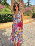Floral Print A-line Backless Maxi Floral Dress