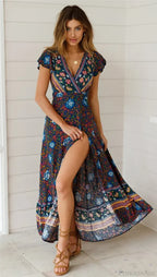 Floral Print Bat Sleeve Sashes Wrap Maxi Boho Cover-ups