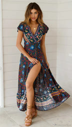 Floral Print Bat Sleeve Wrap V-neck Maxi Boho Dress
