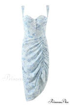Floral Print Blue Corset Ruched Split Dress