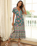 Floral Print Button Rayon Vacation Maxi Boho Dress