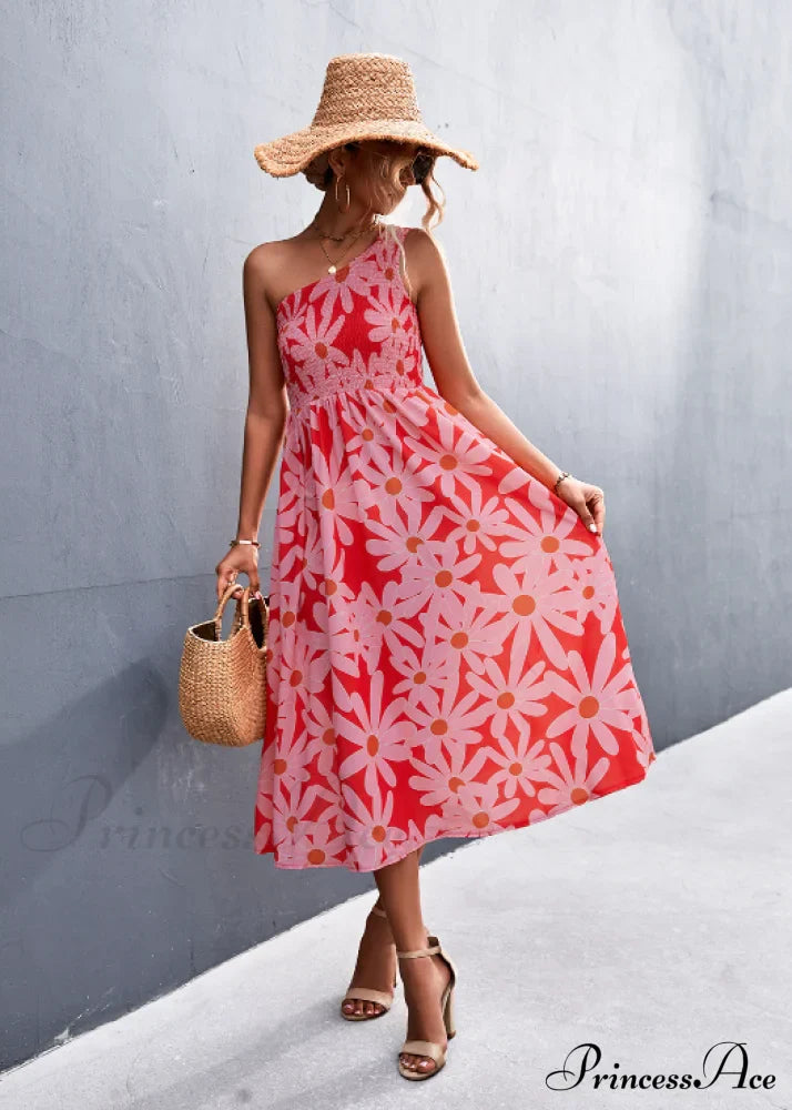 Floral Print Diagonal Shoulder Dress