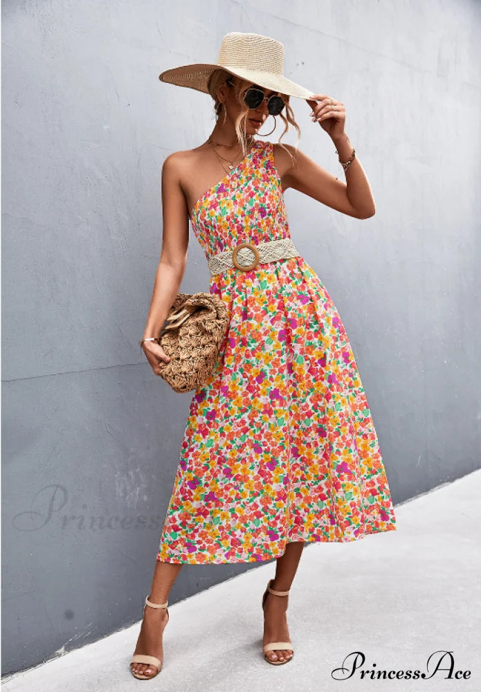 Floral Print Diagonal Shoulder Dress