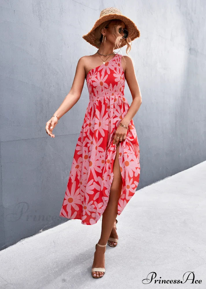 Floral Print Diagonal Shoulder Dress