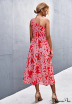 Floral Print Diagonal Shoulder Dress