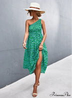 Floral Print Diagonal Shoulder Dress