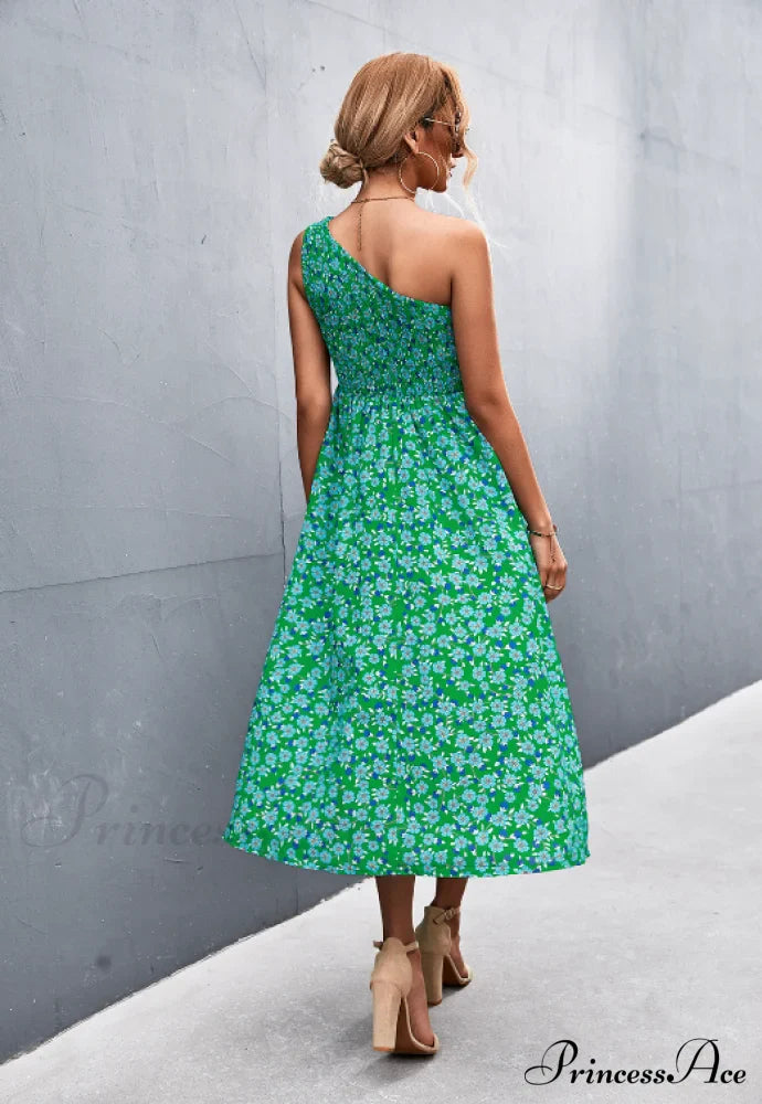Floral Print Diagonal Shoulder Dress