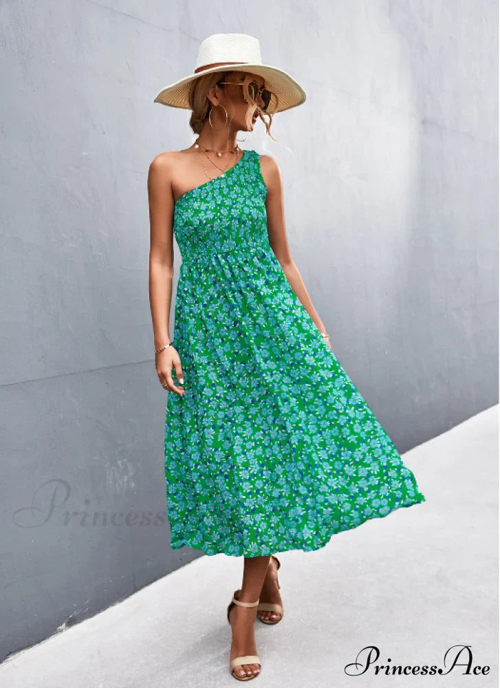 Floral Print Diagonal Shoulder Dress