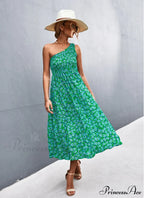 Floral Print Diagonal Shoulder Dress