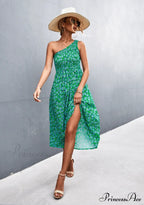 Floral Print Diagonal Shoulder Dress