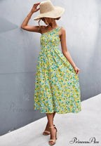 Floral Print Diagonal Shoulder Dress