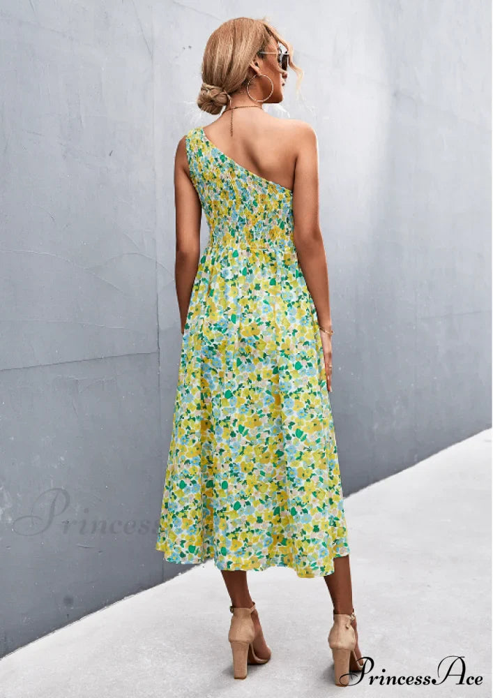 Floral Print Diagonal Shoulder Dress