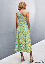 Floral Print Diagonal Shoulder Dress